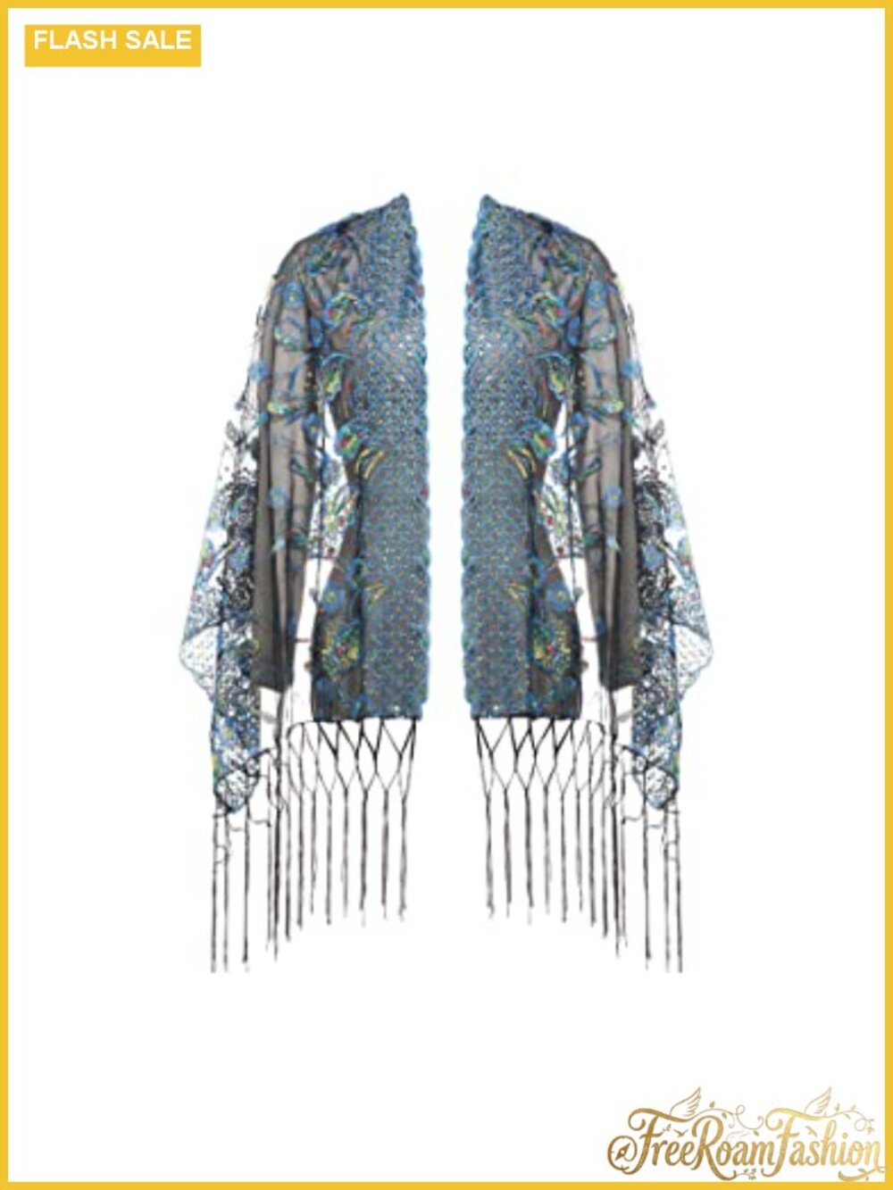 Sequin Fringed Evening Shawl Wrap Peacock Embroidery One Size